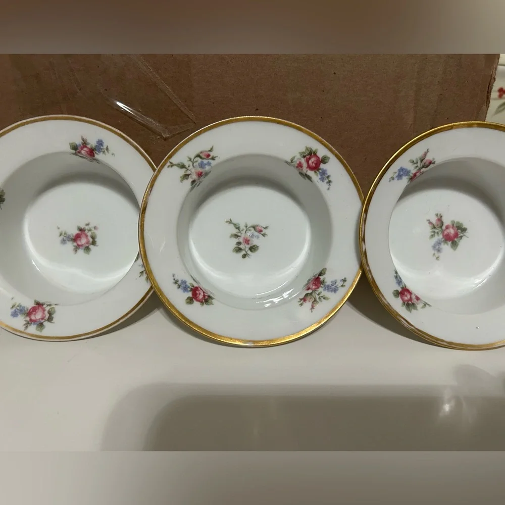 GDA Limoges Ramekin Bowls with Pink Rose Design and Gold Rim France